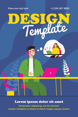 Poster - Support operator talking to unhappy client. Man in headset, upset woman with laptop in though bubble flat vector illustration. Customer service concept for banner, website design or landing web page