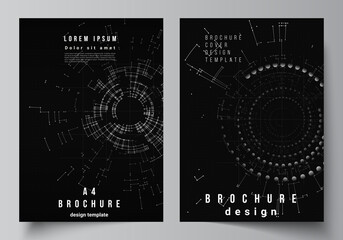 Poster - Vector layout of A4 cover design templates for brochure, flyer layout, booklet, cover design, book design. Black color technology background. Digital visualization of science, medicine, tech concept.