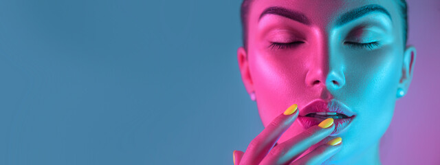 Wall Mural - High Fashion model girl in colorful bright UV lights posing in studio, portrait of beautiful woman with trendy make-up and manicure. Art design, colorful make up. Over colourful background