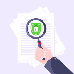 Wall Mural - Privacy policy, safety lock and data protection metaphor. Hand hold magnifier shield with padlock on the paper with personal data security protection symbol flat style design vector illustration.