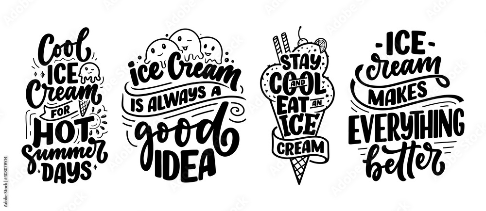 Set with hand drawn lettering compositions about Ice Cream. Funny season slogans. Isolated calligraphy quotes for summer fashion, beach party. - obrazy, fototapety, plakaty 
