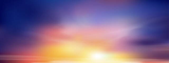 sunset sky in evening with orange, yellow and purple colour, dramatic twilight landscape with dark b