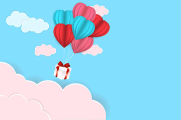 Wall Mural - Love and Valentine's Day illustration with heart balloon, gift and clouds. Vector illustration