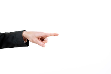 Male hand pointing to the right of the photo with his index finger isolated on a white background