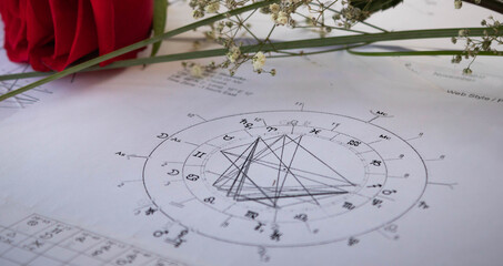 Wall Mural - Printed natal chart with a red rose, astrology st Valentine's and Women's day background