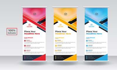 Wall Mural - Roll up banner set design template design. Roll up banner design, roll up banner red, roll up banner blue, roll up banner yellow, roll up banner. Corporate roll up banner. Modern roll up banner.
