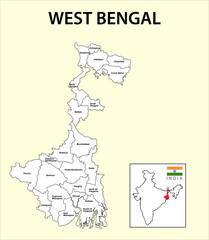  West Bengal map. Political and administrative map of West Bengal with districts name. Showing International and State boundary and district boundary of Assam. Illustration of districts Kolkata map.