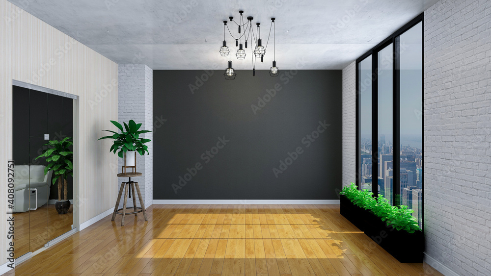 Stylish empty office room, photorealistic 3D Illustration of the interior, suitable for using in video conference and as a zoom background.	 - obrazy, fototapety, plakaty 
