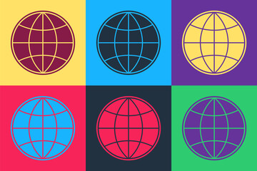 Fototapete - Pop art Earth globe icon isolated on color background. World or Earth sign. Global internet symbol. Geometric shapes. Vector.