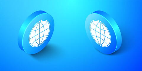 Fototapete - Isometric Earth globe icon isolated on blue background. World or Earth sign. Global internet symbol. Geometric shapes. Blue circle button. Vector.