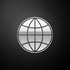Fototapete - Silver Earth globe icon isolated on black background. World or Earth sign. Global internet symbol. Geometric shapes. Long shadow style. Vector.