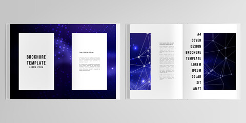 3d realistic vector layout of cover mockup templates for A4 bifold brochure, flyer, cover design, book design, magazine, brochure cover. Digital data visualization, polygonal science dark background.