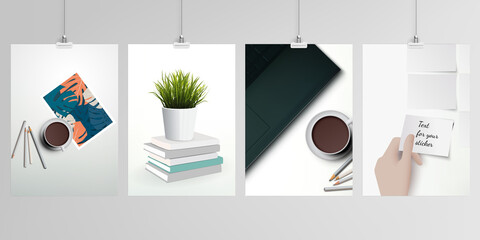 Realistic vector layouts of A4 format mockup design templates for brochure, flyer, cover design, book, magazine, brochure, poster. Home office concept, study or freelance, working from home.