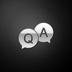 Wall Mural - Silver Question and Answer mark in speech bubble icon isolated on black background. Q and A symbol. FAQ sign. Copy files, chat speech bubble. Long shadow style. Vector.