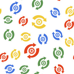 Poster - Color Gear and arrows as workflow concept icon isolated seamless pattern on white background. Gear reload sign. Vector.