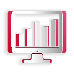 Leinwandbilder - Paper cut Computer screen with financial charts and graphs icon isolated on white background. Chart bars and financial analytics. Paper art style. Vector.