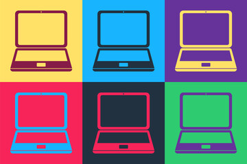 Fototapete - Pop art Laptop icon isolated on color background. Computer notebook with empty screen sign. Vector.