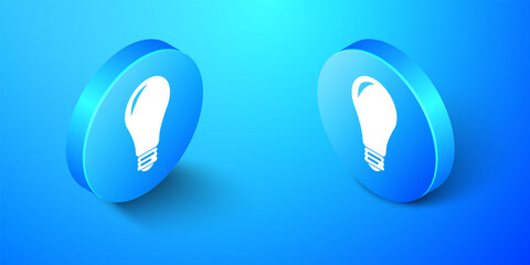 Poster - Isometric Light bulb icon isolated on blue background. Energy and idea symbol. Lamp electric. Blue circle button. Vector.