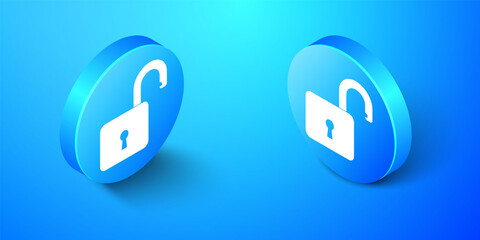 Poster - Isometric Open padlock icon isolated on blue background. Opened lock sign. Cyber security concept. Digital data protection. Safety safety. Blue circle button. Vector.