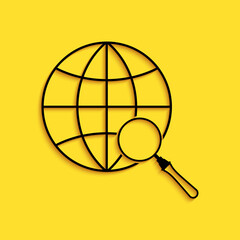 Poster - Black Magnifying glass with globe icon isolated on yellow background. Analyzing the world. Global search sign. Long shadow style. Vector.