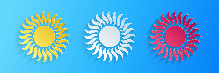 Poster - paper cut sun icon isolated on blue background. paper art style. vector.