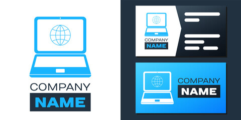 Fototapete - Logotype Globe on screen of laptop icon isolated on white background. Notebook computer with globe sign. Logo design template element. Vector.