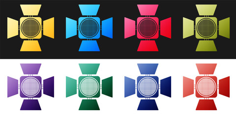 Poster - Set Movie spotlight icon isolated on black and white background. Light Effect. Scene, Studio, Show. Vector.
