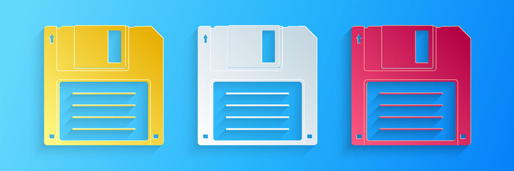 Poster - Paper cut Floppy disk for computer data storage icon isolated on blue background. Diskette sign. Paper art style. Vector.