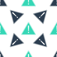 Poster - Green Exclamation mark in triangle icon isolated seamless pattern on white background. Hazard warning, careful, attention, danger warning important information. Vector.