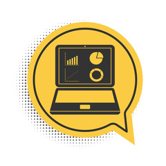 Leinwandbilder - Black Laptop with graph chart icon isolated on white background. Report text file icon. Accounting sign. Audit, analysis, planning. Yellow speech bubble symbol. Vector.