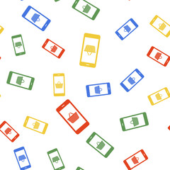 Leinwandbilder - Color Mobile phone and shopping basket icon isolated seamless pattern on white background. Online buying symbol. Supermarket basket symbol. Vector.