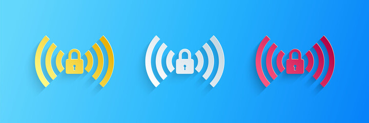 Poster - Paper cut Wifi locked sign icon isolated on blue background. Password Wi-fi symbol. Wireless Network icon. Wifi zone. Paper art style. Vector.