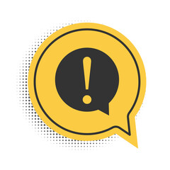 Poster - Black Exclamation mark in circle icon isolated on white background. Hazard warning symbol. FAQ sign. Copy files, chat speech bubble. Yellow speech bubble symbol. Vector.