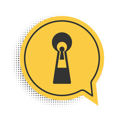 Poster - Black Keyhole icon isolated on white background. Key of success solution. Keyhole express the concept of riddle, secret, peeping, safety, security. Yellow speech bubble symbol. Vector.