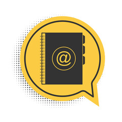 Poster - Black Address book icon isolated on white background. Notebook, address, contact, directory, phone, telephone book icon. Yellow speech bubble symbol. Vector.