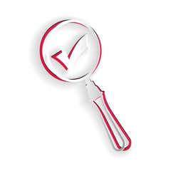 Poster - Paper cut Magnifying glass and check mark icon isolated on white background. Magnifying glass and approved, confirm, done, tick, completed symbol. Paper art style. Vector.