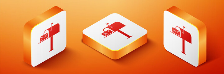 Poster - Isometric Open mail box with an envelope icon isolated on orange background. Orange square button. Vector.