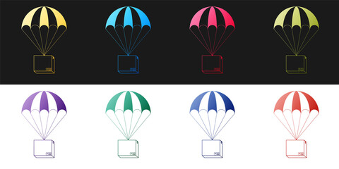 Poster - Set Box flying on parachute icon isolated on black and white background. Parcel with parachute for shipping. Delivery service, air shipping concept, bonus. Vector.