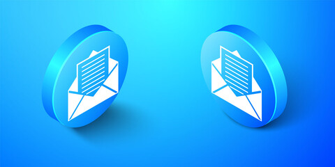 Poster - Isometric Mail and e-mail icon isolated on blue background. Envelope symbol e-mail. Email message sign. Blue circle button. Vector.