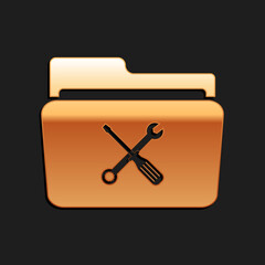 Poster - Gold Folder and tools or settings icon isolated on black background. Folder with wrench and screwdriver sign. Computer technical service. Long shadow style. Vector.