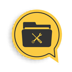 Poster - Black Folder and tools or settings icon isolated on white background. Folder with wrench and screwdriver sign. Computer technical service. Yellow speech bubble symbol. Vector.