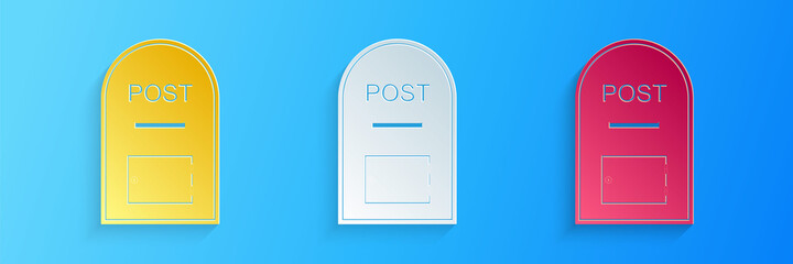 Poster - Paper cut Mail box icon. Post box icon isolated on blue background. Paper art style. Vector.