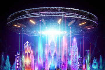 Wall Mural - creative background, ufo plate hovers over the night city in neon lights. aliens, aliens, contact, i