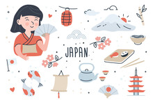 Japan Doodle Elements Set With Beautiful Girl.