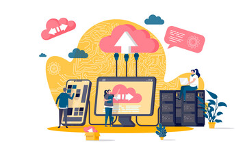Aufkleber - Cloud computing concept in flat style. IT specialists administrate cloud storage scene. Hosting platform, big data processing web banner. Vector illustration with people characters in work situation.