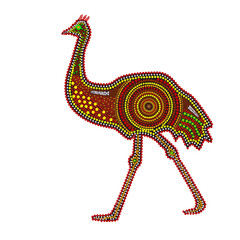 Emu isolated on white background. Australia aboriginal ostrich dot painting. Aboriginal tribal styled ostrich.Decorative ethnic style. Element for flyer, poster, banner, placard, brochure.Stock vector