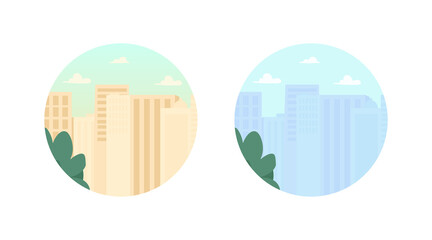 Poster - Modern skyscraper buildings 2D vector web banner, poster. Real estate. Urban condominium. City condo flat scene on cartoon background. Office complex printable patch, colorful web element