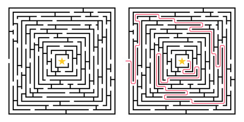 Labyrinth game. Square maze puzzle. Find the right way, path or solution. Vector illustration.