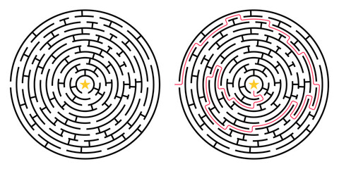 Labyrinth game. Circle maze puzzle. Find the right way, path or solution. Vector illustration.