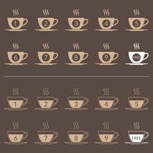 Coffee Loyalty Card Concept With Coffee Cup Icons. Buy 9 Cups And Get 1 For Free. Cafe Beverage Promotion Design Template. Vector Illustration.